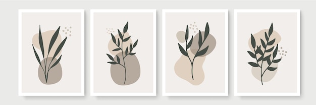 Conjunto de cartel en estilo boho minimalista con hoja tropical. Decoración de pared abstracta moderna con dibujo de arte de línea de follaje