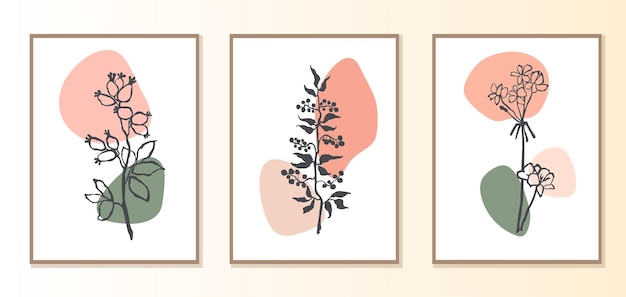 Conjunto de cartel moderno collage con formas abstractas e ilustración de plantas de estilo escandinavo