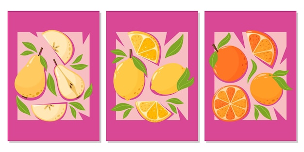 Conjunto de carteles abstractos brillantes con composición de frutas pera limón naranja vector moderno de verano