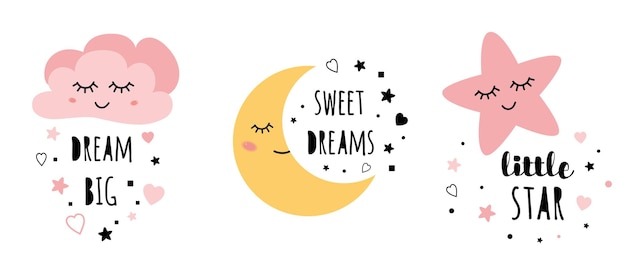 Conjunto de carteles amarillo luna soñolienta rosa nube estrella para la decoración de la habitación del bebé Estilo infantil color rosa Perfecto para la impresión de tela logotipo letrero tarjetas pancartas Diseño de arte de pared para niños Ilustración vectorial
