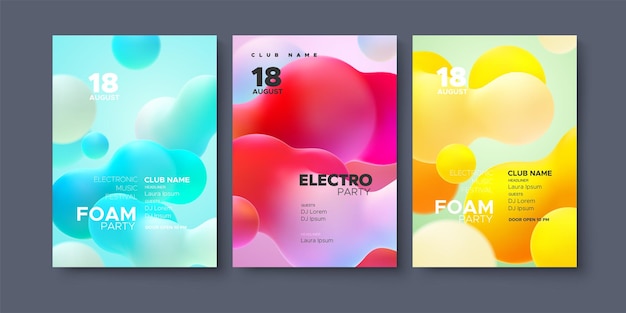 Conjunto de carteles de anuncios de festival de música electrónica. Invitación de fiesta electro club moderno. Ilustración vectorial. Formas líquidas multicolores 3d. Portada del evento de música dance. Folleto o plantilla de volante