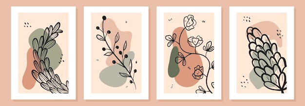 Conjunto de carteles de arte vectorial simple en marco blanco ramitas de arte de línea de fideos con hojas capullos de flores y pétalos formas minimalistas abstractas para el diseño