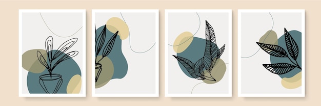 Conjunto de carteles de Boho. Conjunto de vector de arte de pared botánico. boho Dibujo de arte de línea de follaje con forma abstracta. Diseño de arte abstracto vegetal para impresión, portada, papel tapiz