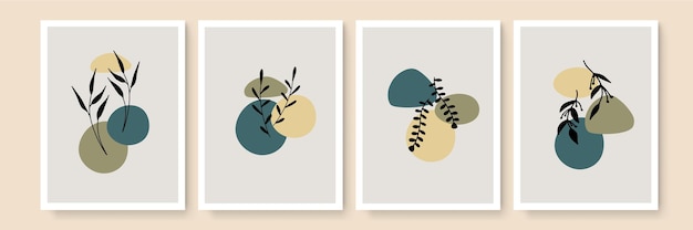 Conjunto de carteles de Boho. Conjunto de vector de arte de pared botánico. boho Dibujo de arte de línea de follaje con forma abstracta. Diseño de arte abstracto vegetal para impresión, portada, papel tapiz