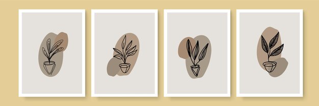 Conjunto de carteles de Boho. Conjunto de vector de arte de pared botánico. boho Dibujo de arte de línea de follaje con forma abstracta. Diseño de arte abstracto vegetal para impresión, portada, papel tapiz