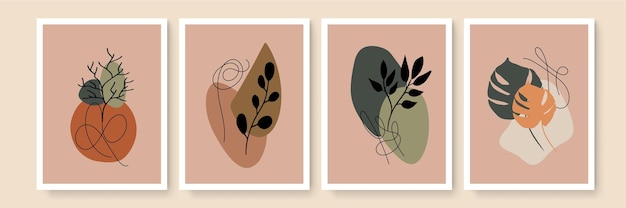 Conjunto de carteles de Boho. Conjunto de vector de arte de pared botánico. boho Dibujo de arte de línea de follaje con forma abstracta. Diseño de arte abstracto vegetal para impresión, portada, papel tapiz