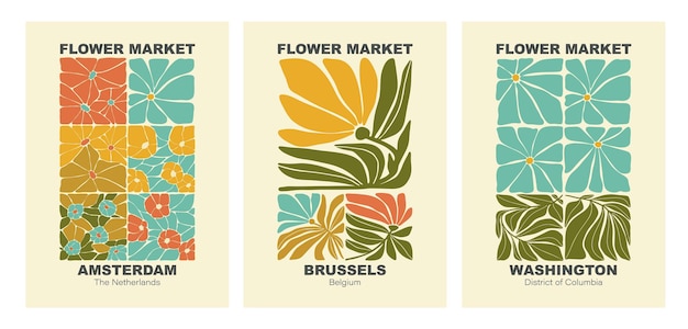 Conjunto de carteles botánicos abstractos, flores y ramas. estilo moderno. concepto de cartel de mercado de flores