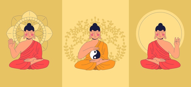 Conjunto de carteles con Buda Theravada en posición de loto meditando el concepto de la filosofía budista