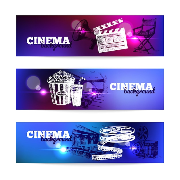 Conjunto de carteles de cine de película. Fondo con ilustraciones de bocetos dibujados a mano y efectos de luz