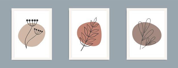 Un conjunto de carteles en colores boho de moda Elementos abstractos dibujados a mano flores y hojas