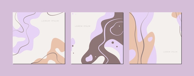 Un conjunto de carteles en colores pastel con un diseño abstracto de líneas suaves. Ilustración vectorial.