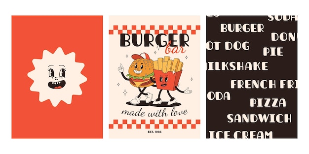 Conjunto de carteles de comida rápida Tarjetas retro groovy con personajes de comida callejera Folleto con funky groovy hamburguesa papas fritas refresco helado donut pastel café para llevar sándwich Entrega de comida rápida
