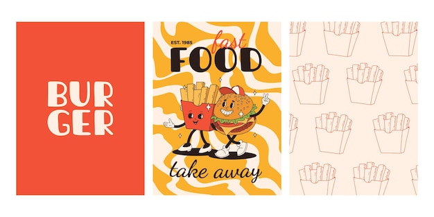 Conjunto de carteles de comida rápida Tarjetas retro groovy con personajes de comida callejera Folleto con funky groovy hamburguesa papas fritas refresco helado donut pastel café para llevar sándwich Entrega de comida rápida
