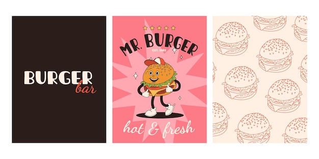 Conjunto de carteles de comida rápida tarjetas retro groovy con personajes de comida callejera folleto con funky groovy hamburguesa patatas fritas soda helado pastel de rosquilla café para ir sándwich entrega de comida rápida