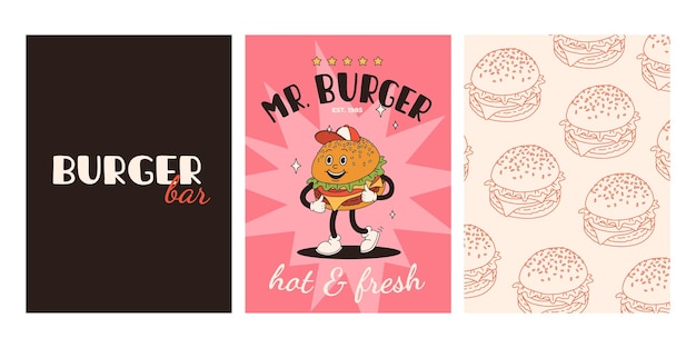 Vector conjunto de carteles de comida rápida tarjetas retro groovy con personajes de comida callejera folleto con funky groovy hamburguesa patatas fritas soda helado pastel de rosquilla café para ir sándwich entrega de comida rápida