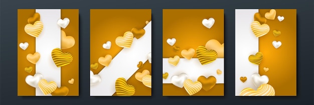 Conjunto de carteles de concepto de día de san valentín. ilustración vectorial corazones de papel dorado y naranja 3d con marco sobre fondo geométrico. lindas pancartas de venta de amor o tarjetas de felicitación