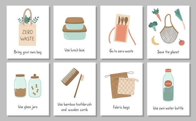 Un conjunto de carteles del concepto Zero Waste Bienes y frases reutilizables dibujados a mano