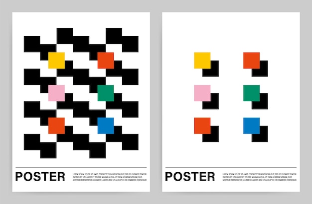 Conjunto de carteles contemporáneos en blanco y negro con patrones geométricos de cuadrados