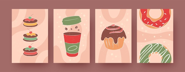 Conjunto de carteles contemporáneos con galletas, café y donas. muffin, donuts, cup pastel ilustraciones vectoriales