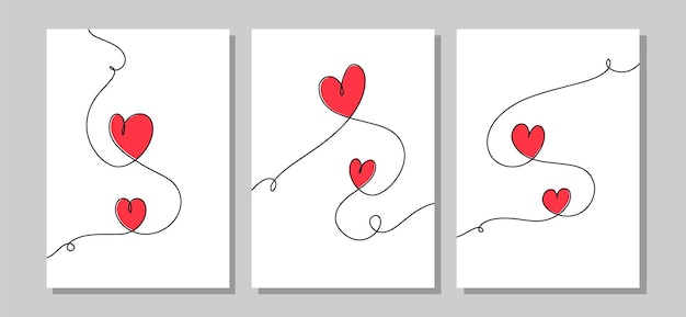 Conjunto de carteles con corazones en un estilo de arte de una línea. Dibujo continuo de una línea de corazones rojos sobre blanco