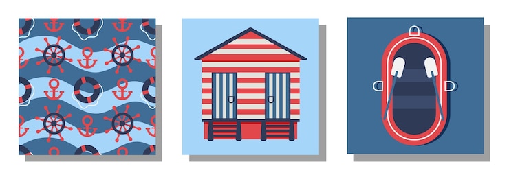 Vector un conjunto de carteles cuadrados sobre un tema marino con una ilustración de beach house a boat vector