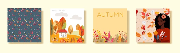 Conjunto de carteles cuadrados con tarjetas de otoño hamd dibujado vectoor