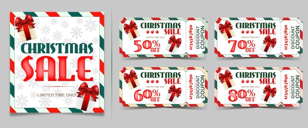 Conjunto de carteles y cupones coloridos de venta de Navidad