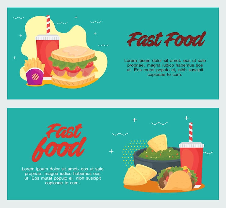Vector conjunto de carteles de una deliciosa comida rápida
