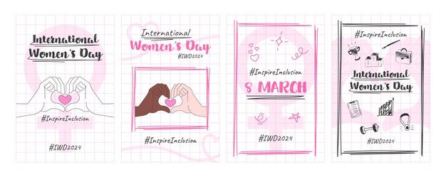 Conjunto de carteles para el Día Internacional de la Mujer 2024 Inspira la inclusión Una tarjeta de felicitación una historia o plantilla de publicación para las redes sociales