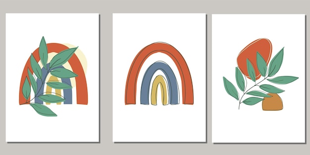Conjunto de carteles con diseño colorido de hojas abstractas boho