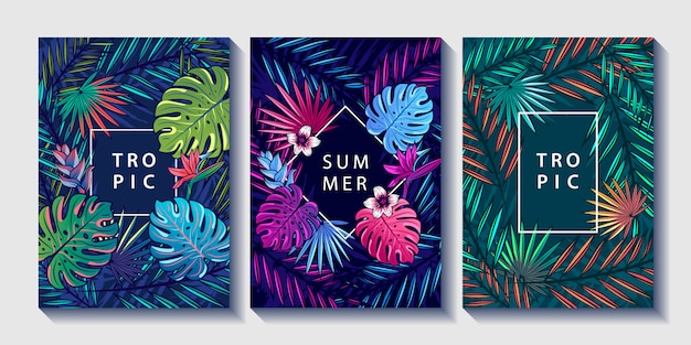 Conjunto de carteles de diseño de hojas y flores tropicales.