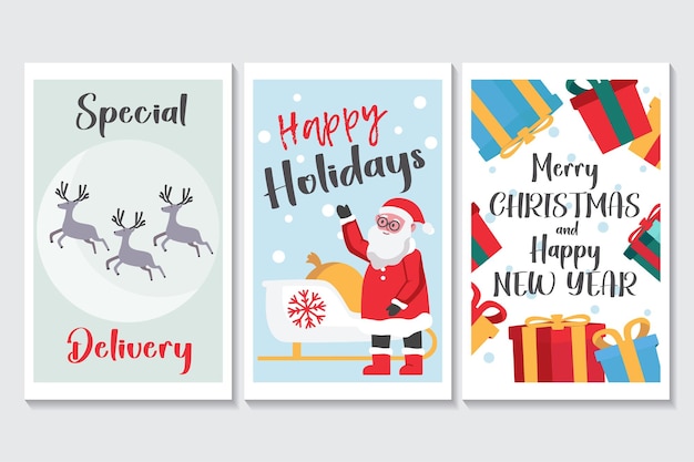 Conjunto de carteles de felices fiestas en diseño de dibujos animados planos Esta imagen muestra tres carteles