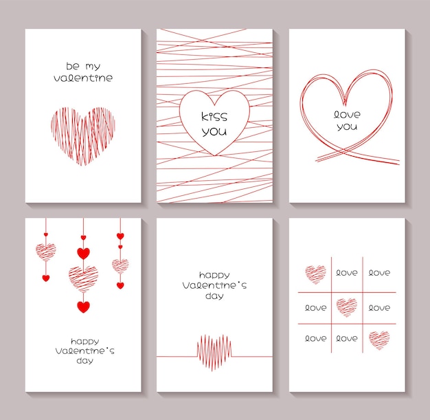 Conjunto de carteles de felicitación del Día de San Valentín Sketch de corazón dibujado a mano arte de línea Concepto de amor y romance Ilustración vectorial minimalista