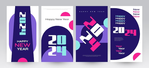 Conjunto de carteles de Feliz Año Nuevo creativo y colorido para carteles, carteles, portadas de folletos y plantillas de publicaciones en las redes sociales