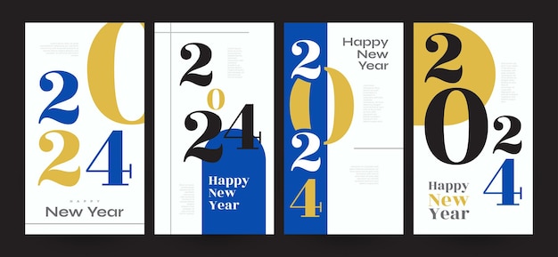 Conjunto de carteles de Feliz Año Nuevo creativo y colorido para carteles, carteles, portadas de folletos y plantillas de publicaciones en las redes sociales