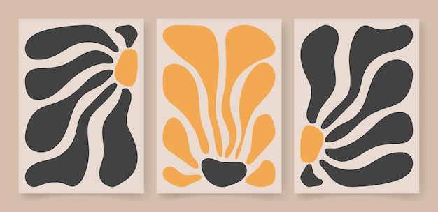 Conjunto de carteles florales contemporáneos abstractos Arte botánico Formas onduladas orgánicas Estilo Matisse Impresión moderna Elementos botánicos Formas orgánicas Ilustración vectorial