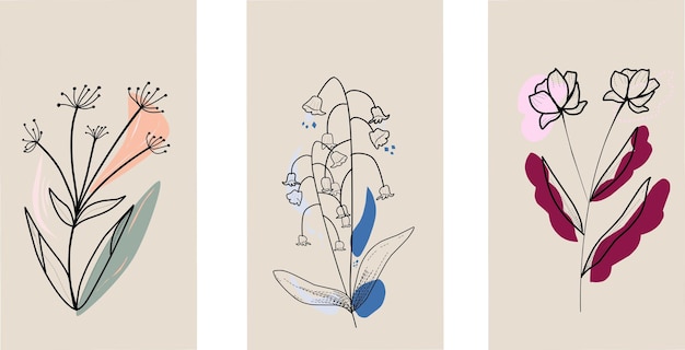 Conjunto de carteles de fondo decorativo de flores y hojas mínimas abstractas