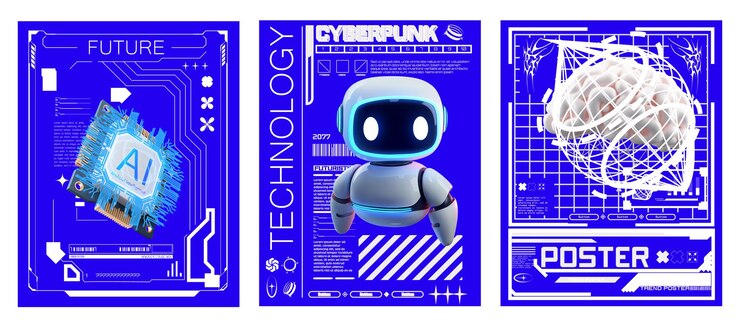Vector un conjunto de carteles futuristas que destacan temas tecnológicos, incluida la ia, un robot cyberpunk y un concepto de cerebro, perfecto para presentaciones de eventos tecnológicos y proyectos de arte digital moderno.