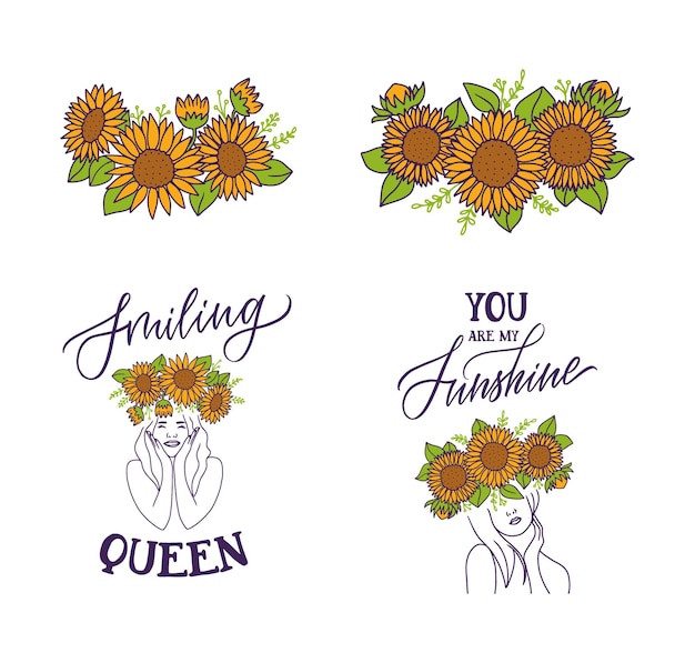 Vector un conjunto de carteles con girasoles. la chica del arte lineal con una cita popular, reina sonriente, eres mi sol.