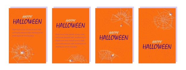 Conjunto de carteles de Halloween con tela de araña Telarañas de líneas texturizadas abstractas con arañas aisladas sobre fondo naranja brillante Plantillas de banner con espacio de copia Ilustración vectorial