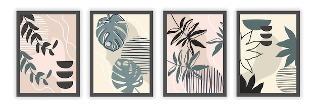 Conjunto de carteles con hojas tropicales colección de portadas con línea de planta y elemento de diseño de contorno