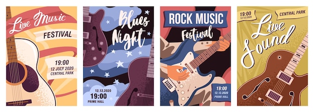 Conjunto de carteles con ilustración plana vectorial de guitarras. colección de plantillas de volantes de música en vivo, festival de rock y noche de blues con lugar para texto. promoción de concierto, fiesta con instrumentos musicales.