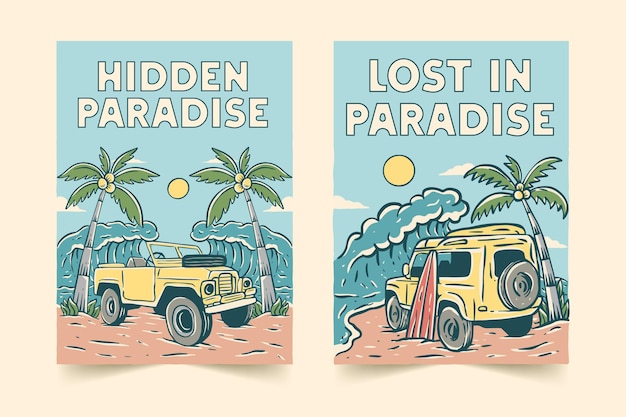 Vector conjunto de carteles de ilustración de vacaciones en la playa