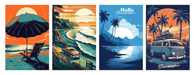 Conjunto de carteles de ilustración vectorial de vacaciones de verano con paisaje costero mujer en cama de sol en vacaciones puesta de sol de verano estilo retro y moderno para una tarjeta de felicitación