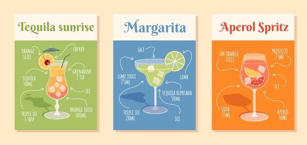 Conjunto de carteles de ingredientes de cócteles tequila amanecer margarita y aperol spritz bebidas alcohólicas y
