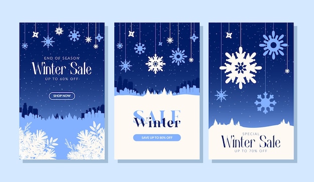 Conjunto de carteles de invierno con copos de nieve y texto para ventas de temporada.