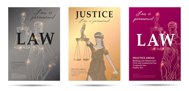 Conjunto de carteles de ley con ilustración lineal de dama justicia y diseño de tipografía grande