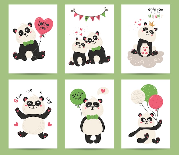 Conjunto de carteles con lindos pandas