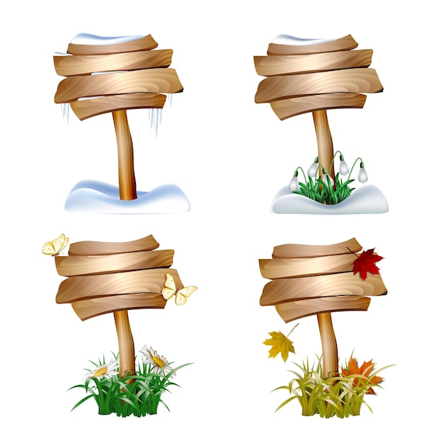 Conjunto de carteles de madera en cuatro estaciones Otoño Invierno Primavera Verano