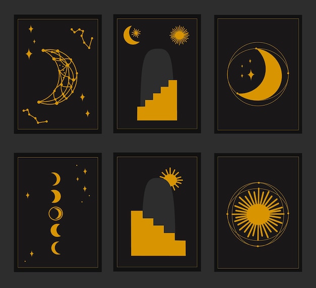 Conjunto de carteles mágicos elementos místicos Ilustración vectorial Diseño de carteles sobre astrología o sagrado